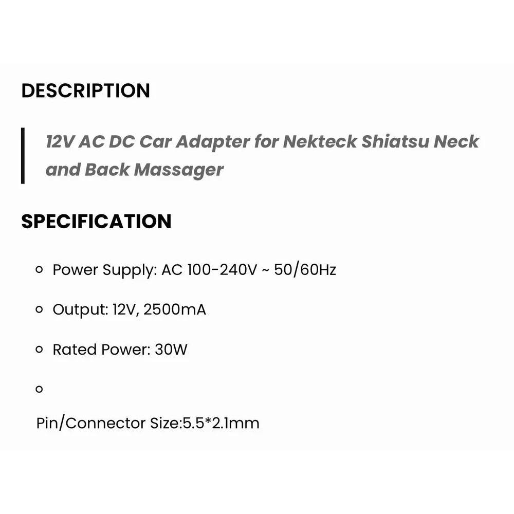 Car 12 V‎ AC DC Adapter Charger for Nekteck Shiatsu Massager Auto Vehicle Travel